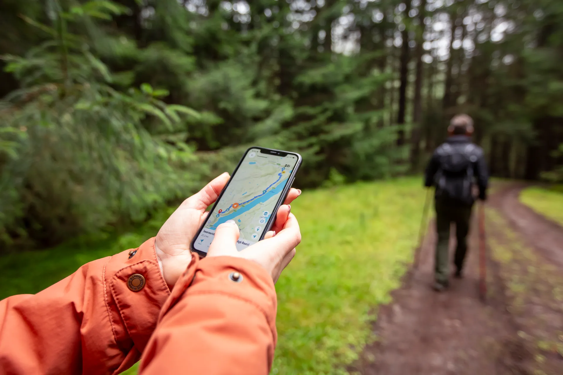 Someone holding a phone in a forest